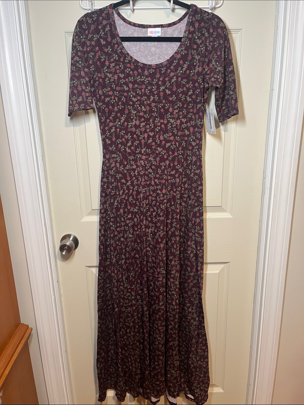 LuLaRoe Burgundy Floral Maxi Dress with Short Sleeves